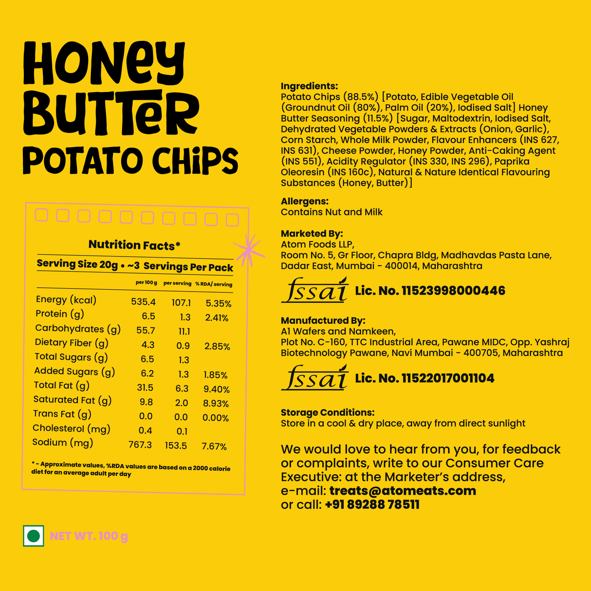 Atom Eats Honey Butter Potato Chips, 60g (Crispy Potato Chips, Sweet & Savoury Honey Butter Flavor, Rich & Crunchy Snack)