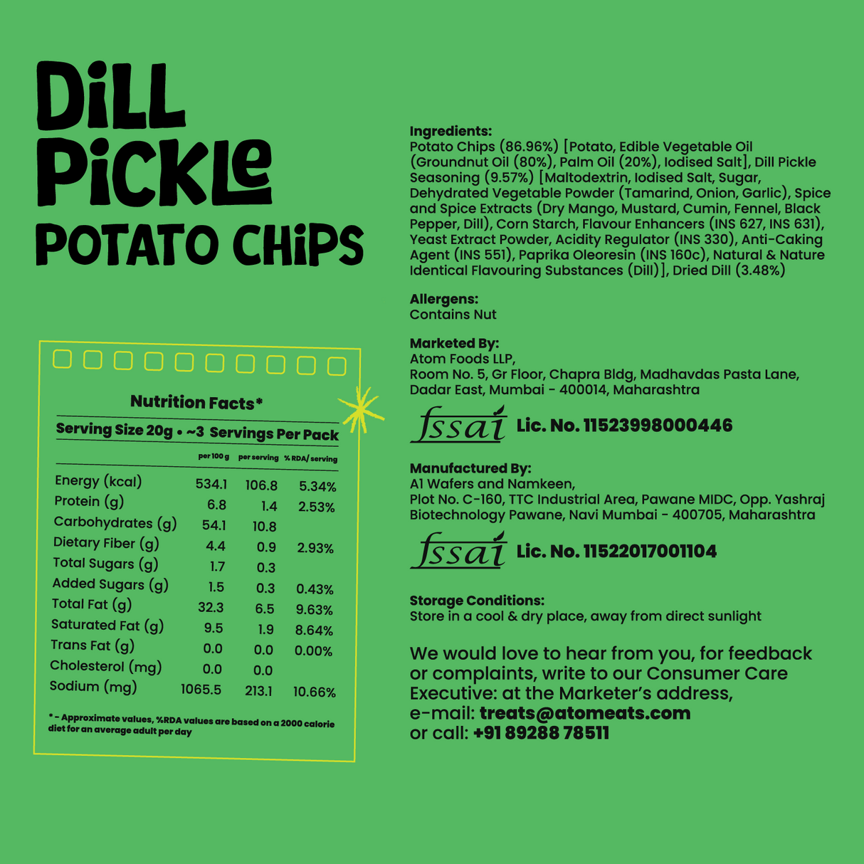 Atom eats Dill Pickle Potato Chips, 60g (Crispy Potato Chips, Tangy Dill Pickle Flavor, Bold & Crunchy Snack)