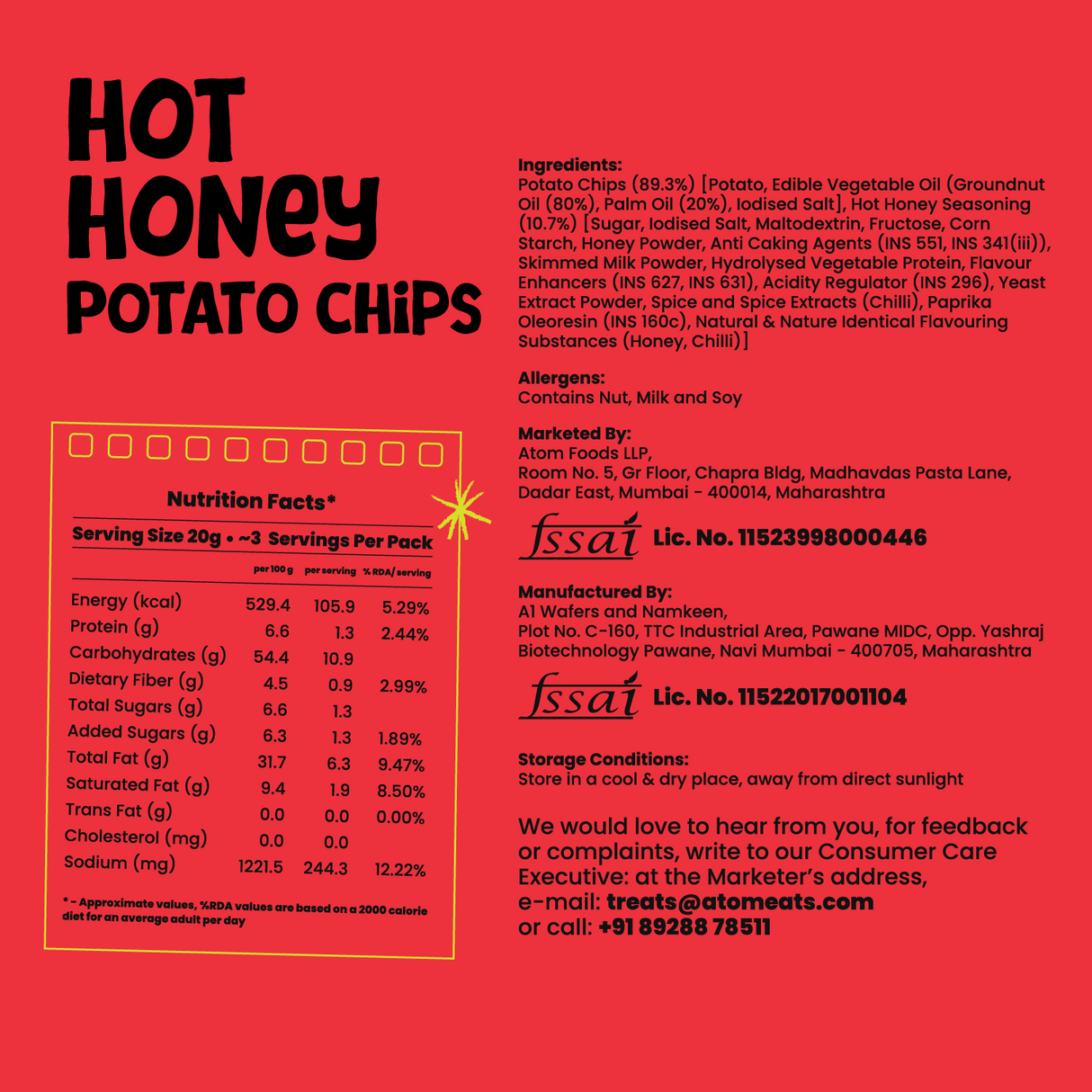 Atom Eats Hot Honey Potato Chips, 60g (Crispy Potato Chips, Sweet & Spicy Honey Chilli Flavor, Bold Crunchy Snack)