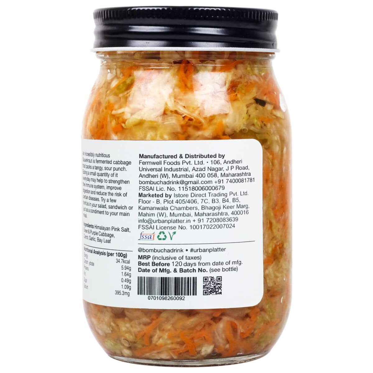 Sauerkraut Original Pickled Probiotic Cabbage with Carrot, 450g (Raw, Organic | Powered by Bombucha)