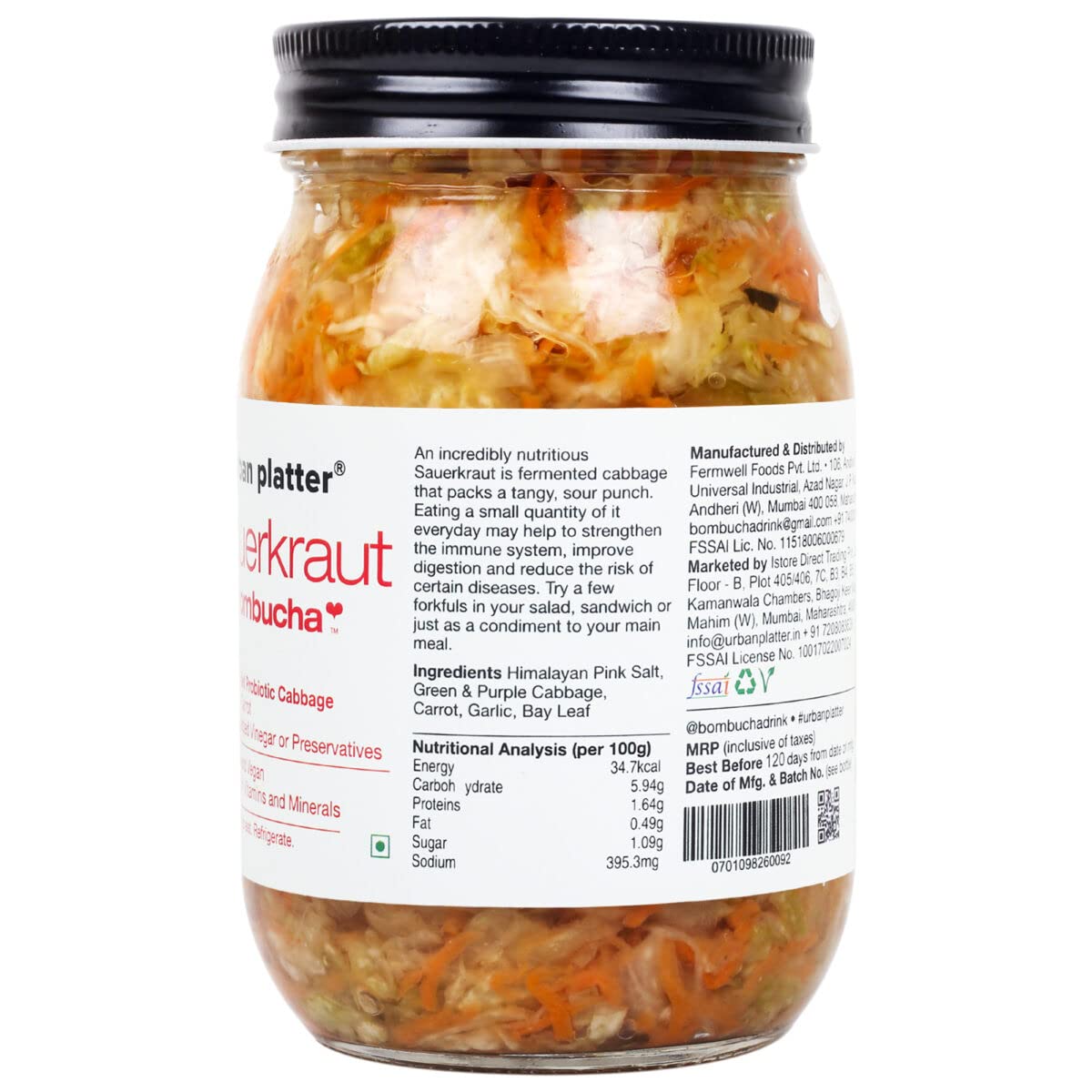 Sauerkraut Original Pickled Probiotic Cabbage with Carrot, 450g (Raw, Organic | Powered by Bombucha)