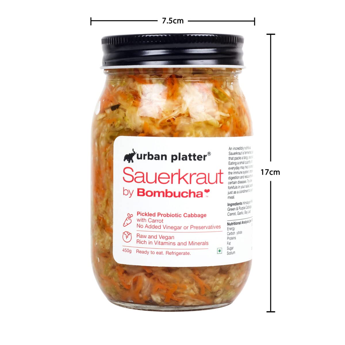 Sauerkraut Original Pickled Probiotic Cabbage with Carrot, 450g (Raw, Organic | Powered by Bombucha)