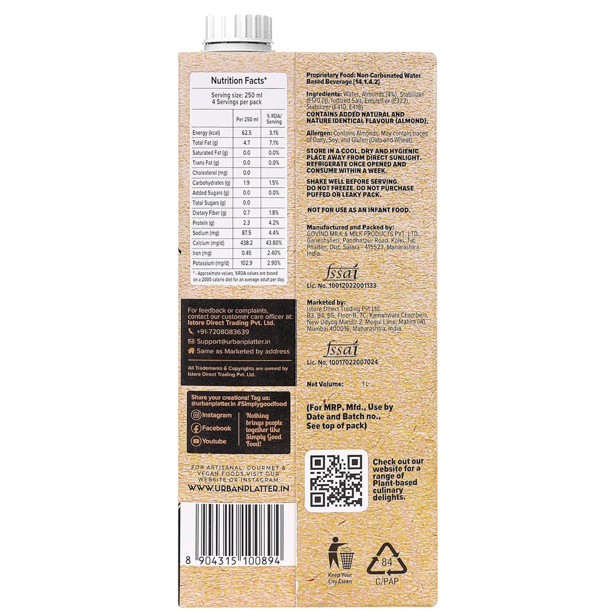 Urban Platter Almond Milk, 1 Litre, Pack of 6 (Unsweetened | Lactose-Free | Plant-Based Milk Alternative | Works Beautifully in Tea and Coffee)