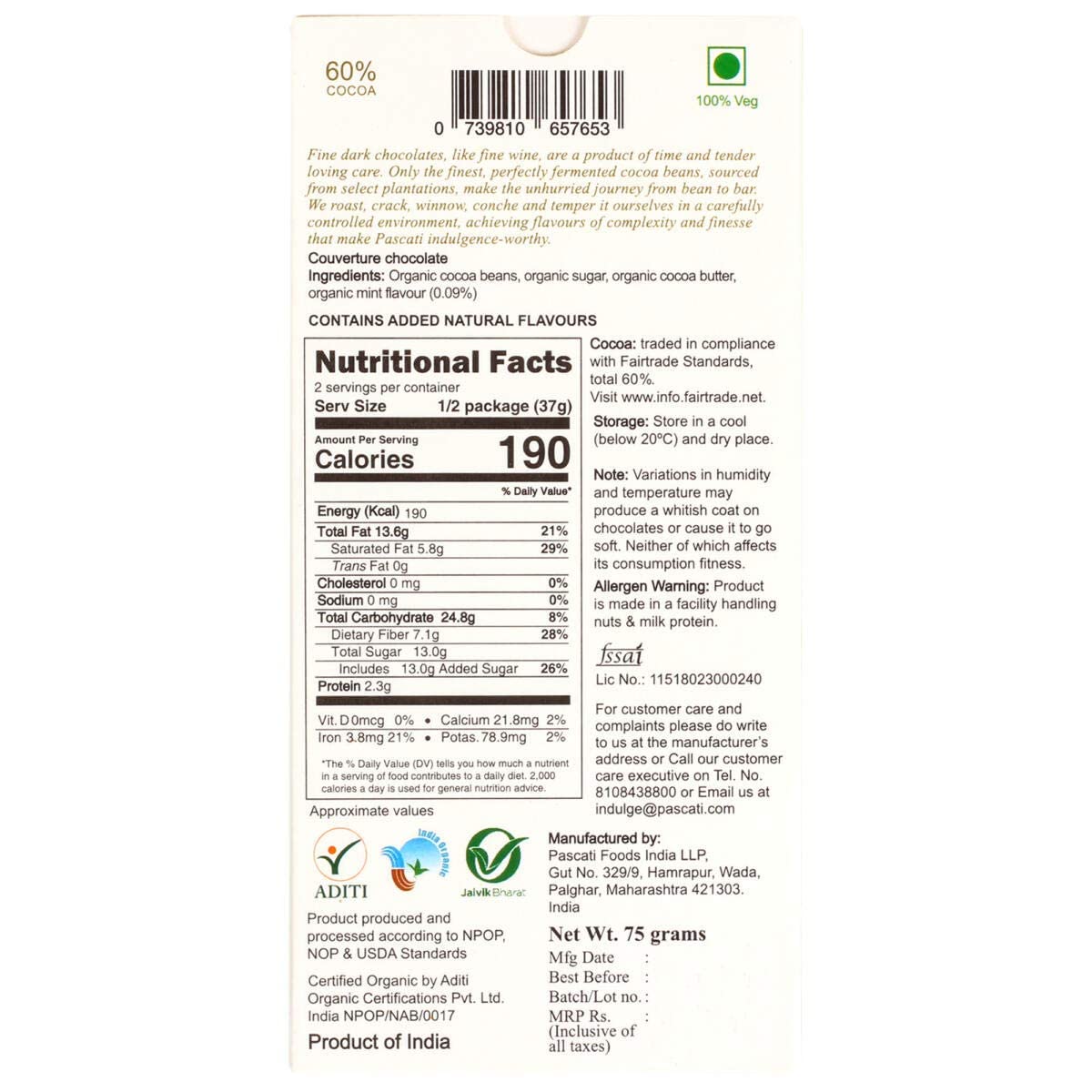 Pascati Chocolate Mint Dark, Organic Chocolate, 75g