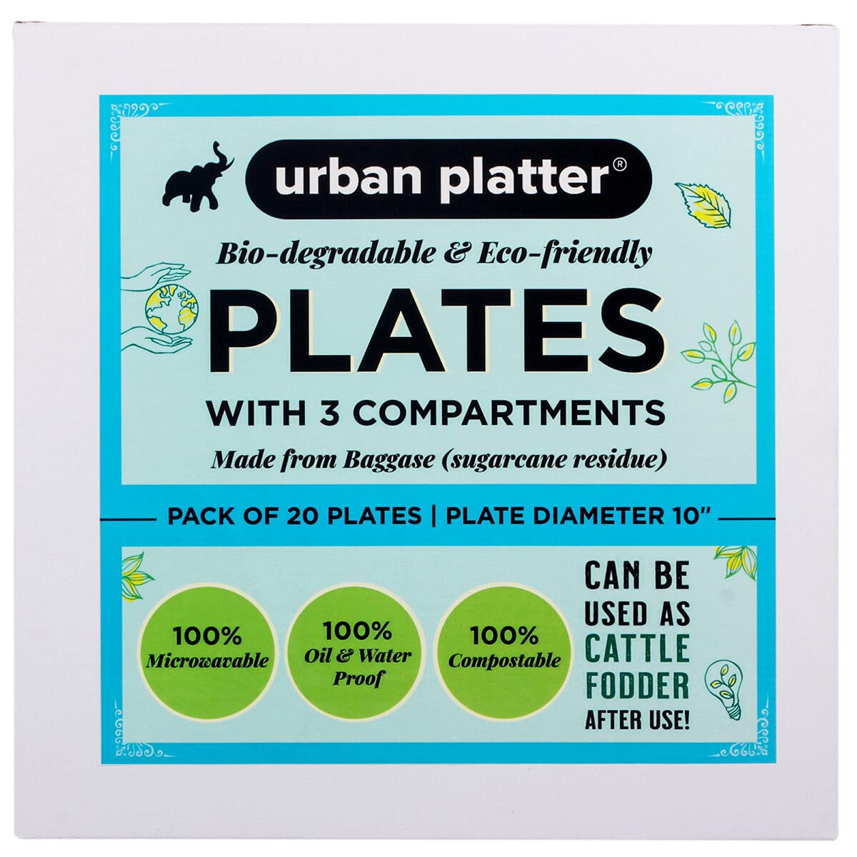 Urban Platter Bagasse Eco-friendly Disposable Round Plates with Compartments, [10 inches, Pack of 20]