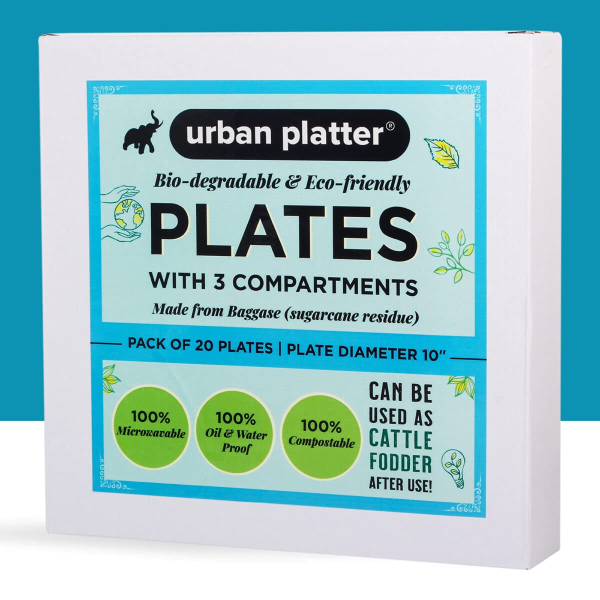 Urban Platter Bagasse Eco-friendly Disposable Round Plates with Compartments, [10 inches, Pack of 20]