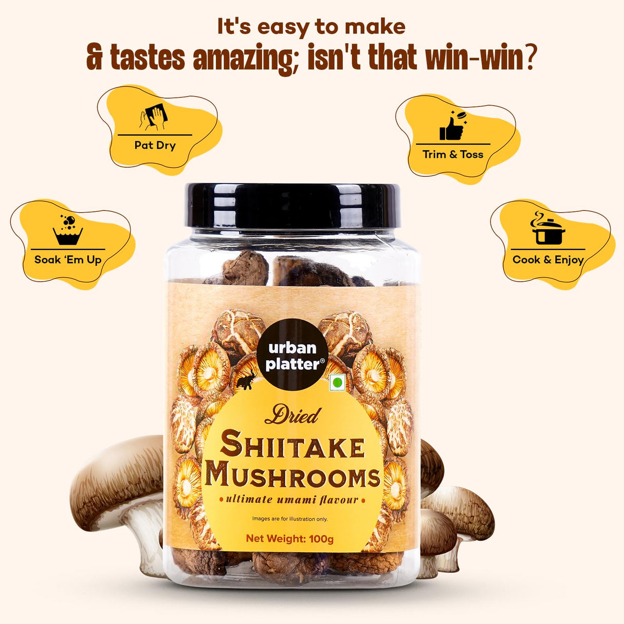 Urban Platter Dried Shiitake Mushrooms, 100g (Umami-Rich | Perfect for Asian Soups, Stir-Fries & Sushi | Rehydrates Quickly)