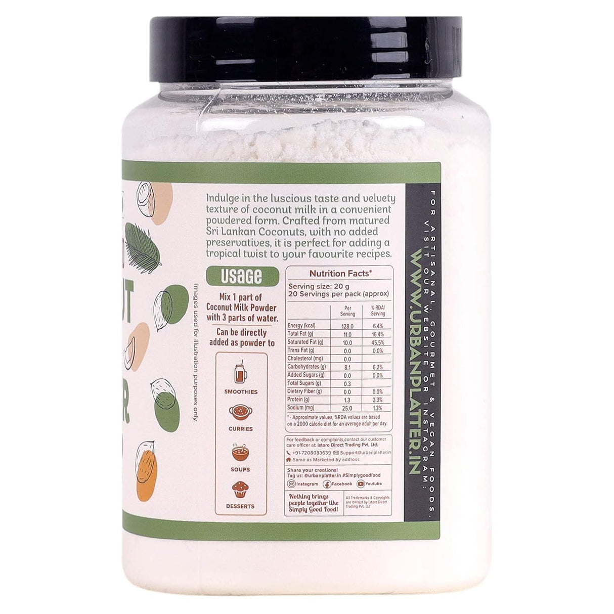 Urban Platter Coconut Milk Powder, 400g (Plant-Based, Preservative-Free, Easy to use, Product of Sri Lanka, Dairy-Free, Source of Protein, Add to smoothies, curries, baked goods)