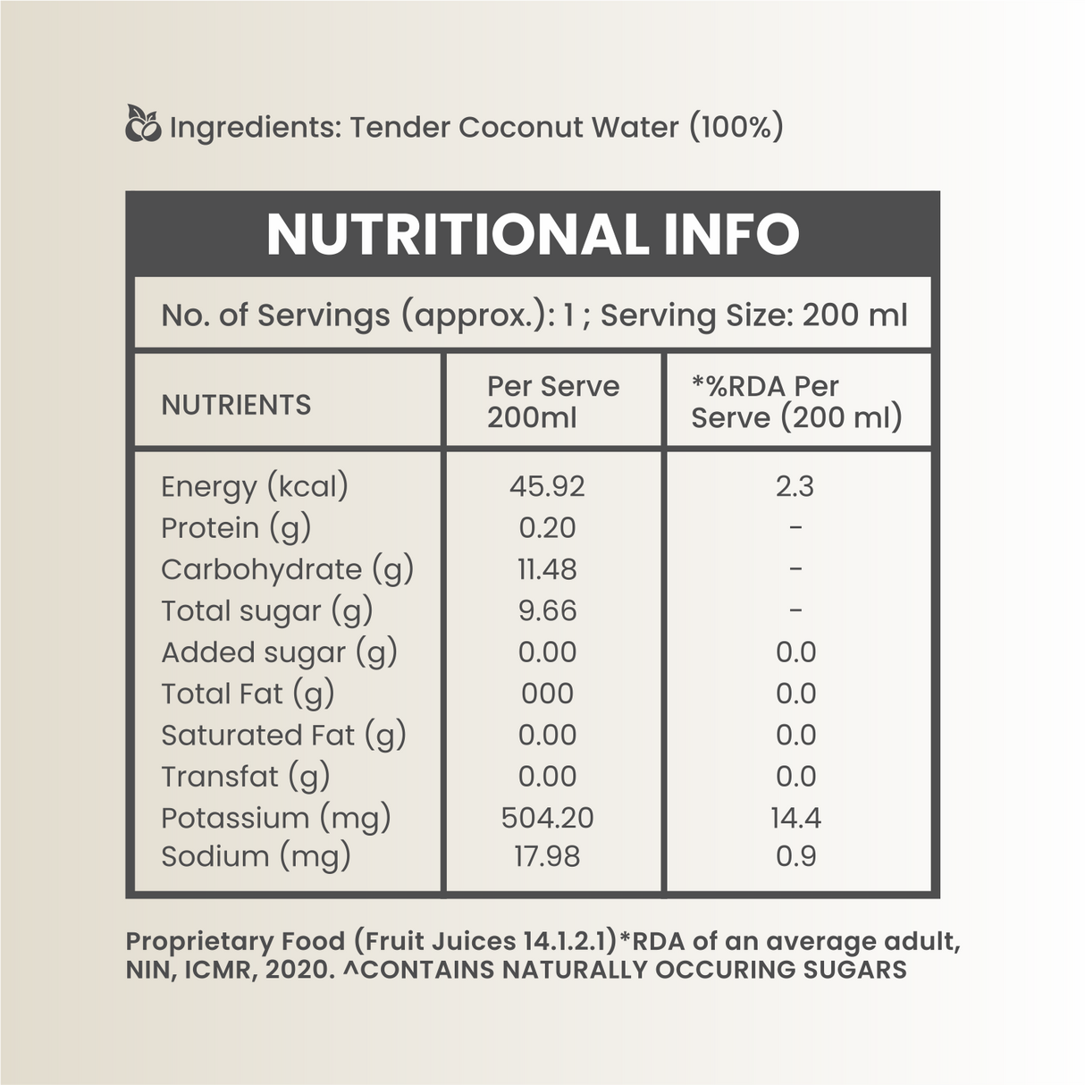 100% Natural Tender Coconut Water, 200ml, Pack of 4 (No Added Sugar, No Preservatives)