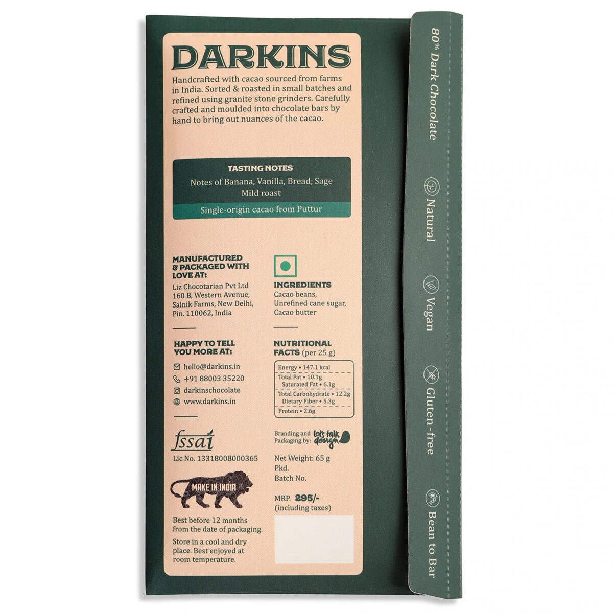 Darkins Karnataka 80% Single Origin Dark Chocolate Bar, 65g