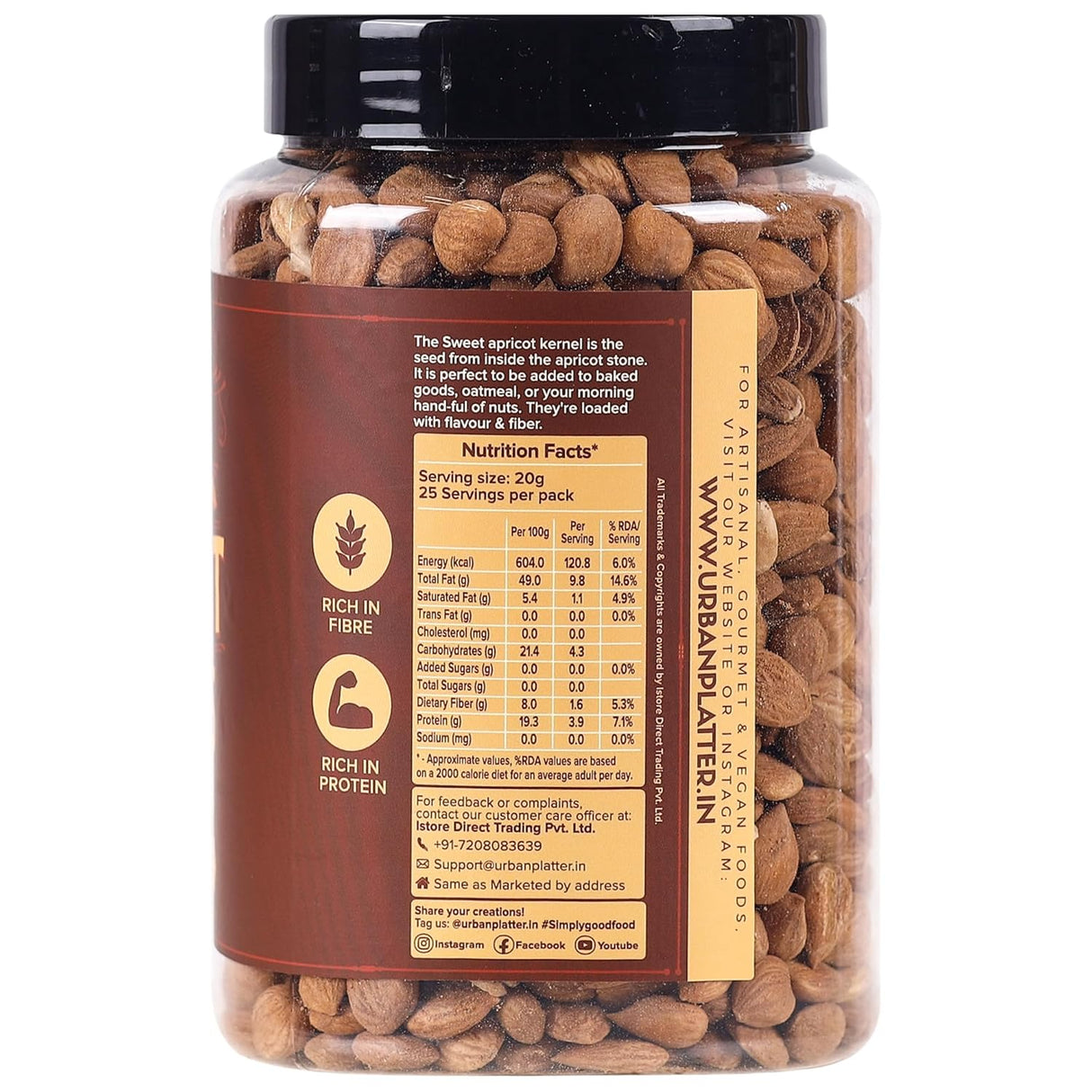 Urban Platter Sweet Apricot Kernels, 500g (Rich in Protein & Fiber, Add to Fruit Salads, Oatmeal, Trail Mixes, Desserts, Baked Goods, Crunchy & Delicious)