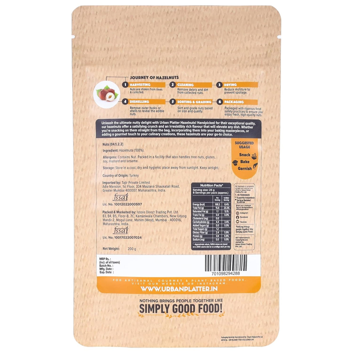 Urban Platter Exotic Hazelnut Kernels, 200g (Protein & Fibre-Rich | Nutrient-Dense | Perfect for Snacking & Desserts)