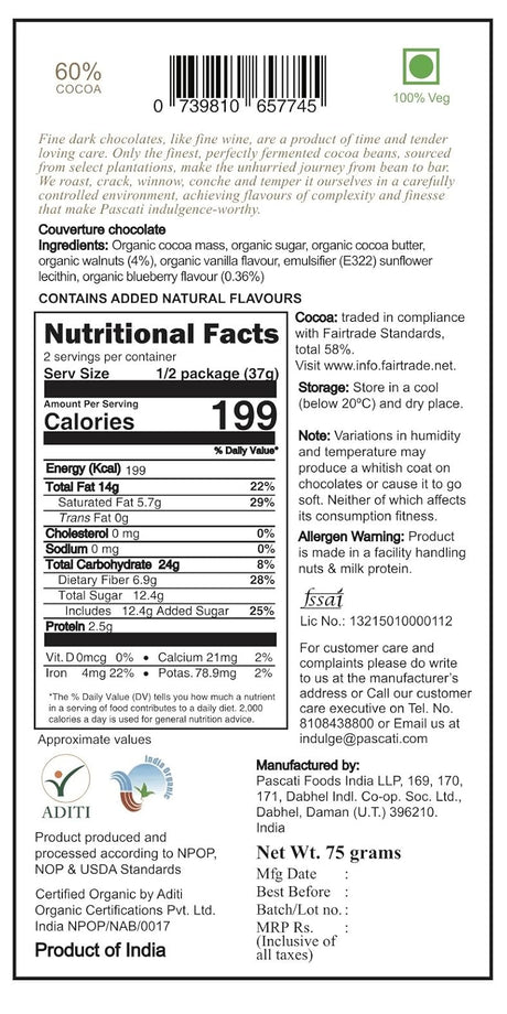 Pascati Chocolate Blueberry Walnut Dark, India Organic Chocolate, 75G (Pack Of 2)