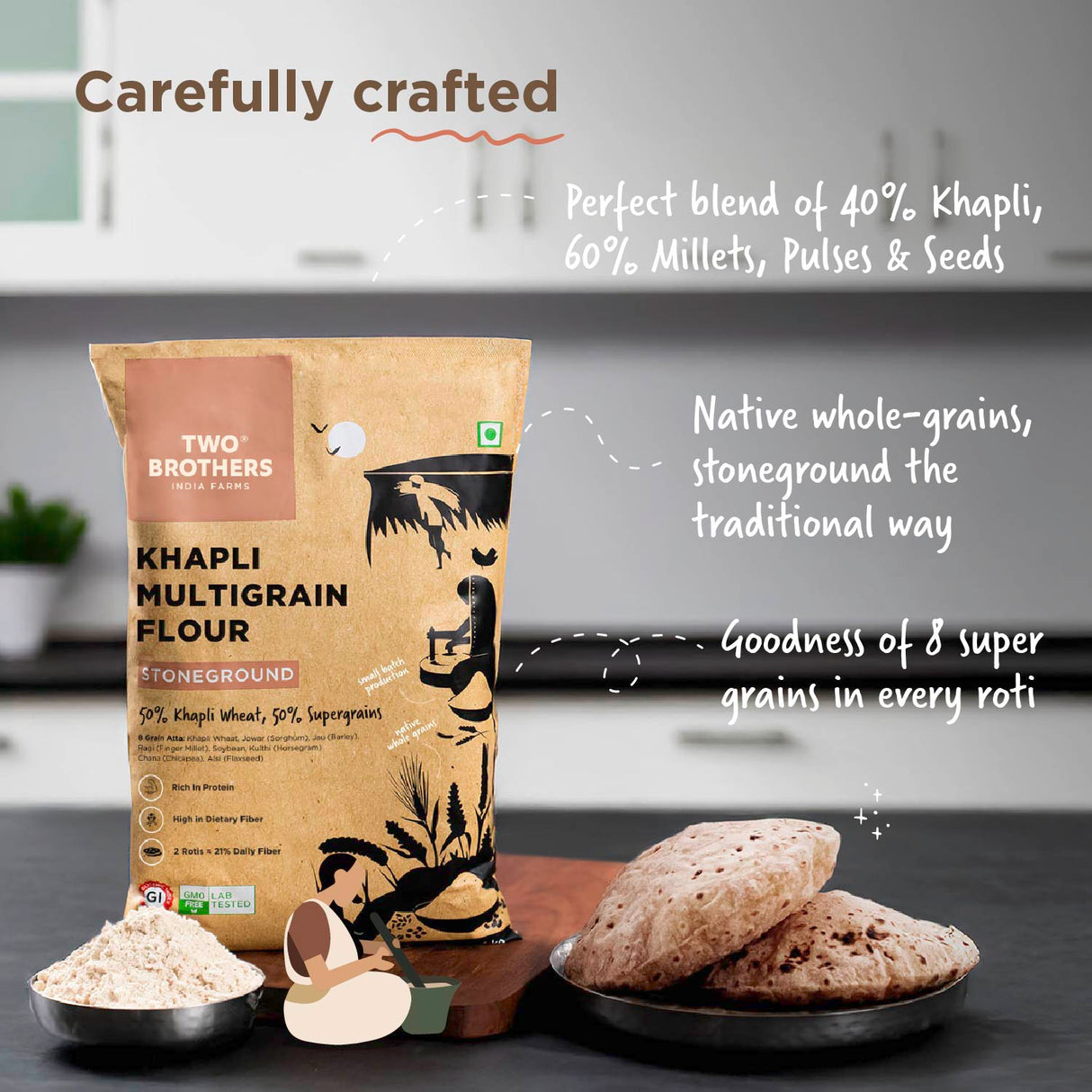 Khapli Multigrain Atta, 1kg (8 Super Grains Flour Mix, Diabetic Friendly, High Fibre & High Protein, Low GI Atta, Khapli, Jowar, Jau, Ragi, Soybean, Kulthi, Chana, Alsi)