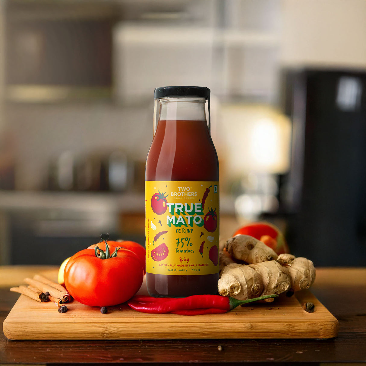 Two Brothers Organic Farms Truemato Ketchup - Spicy Tomato Ketchup 300g (Naturally Made with 75% Fresh Tomatoes, No Refined Sugar)