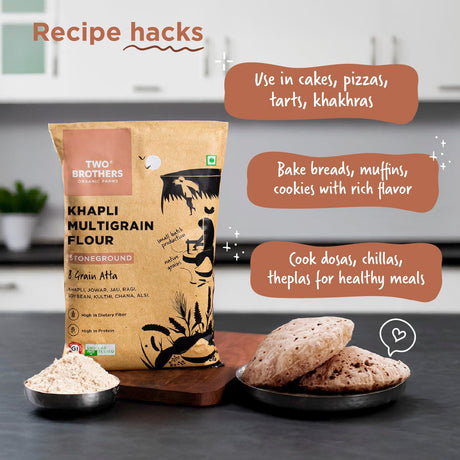 Two Brothers Organic Farms Khapli Multigrain Atta, 1kg (8 Super Grains Flour Mix, Diabetic Friendly, High Fibre & High Protein, Low GI Atta, Khapli, Jowar, Jau, Ragi, Soybean, Kulthi, Chana, Alsi)