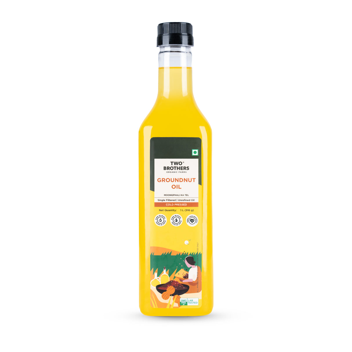 Two Brothers Organic Farms Groundnut Oil, 1L (Cold Pressed Kacchi Ghani, Unrefined, Single-Filtered, Natural Shengdana Oil for Cooking & Frying, Rich Nutty Aroma, Mungfali Tel)
