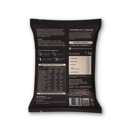 Two Brothers Organic Farms Kalanamak Rice, 1kg (Low GI, Diabetic-Friendly Native Aromatic Rice, Rich in Iron & Zinc, Gut Nourishing, Perfect for Pulao, Biryani & Curries)