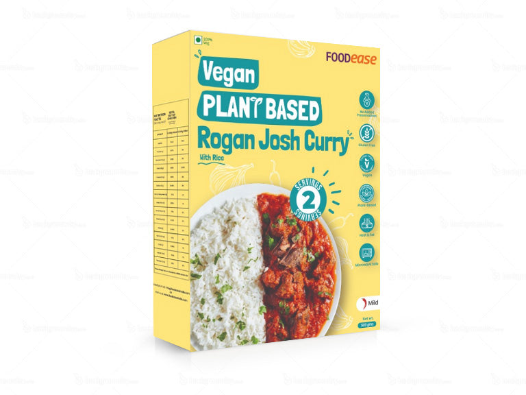 FOODease Vegan Rogan Josh Curry with Rice, 425g (Ready to Eat | Meat Substitute | Plant based Meat | Heat and Eat | Soya Based Mock Meat | Vegan Meat Curry)