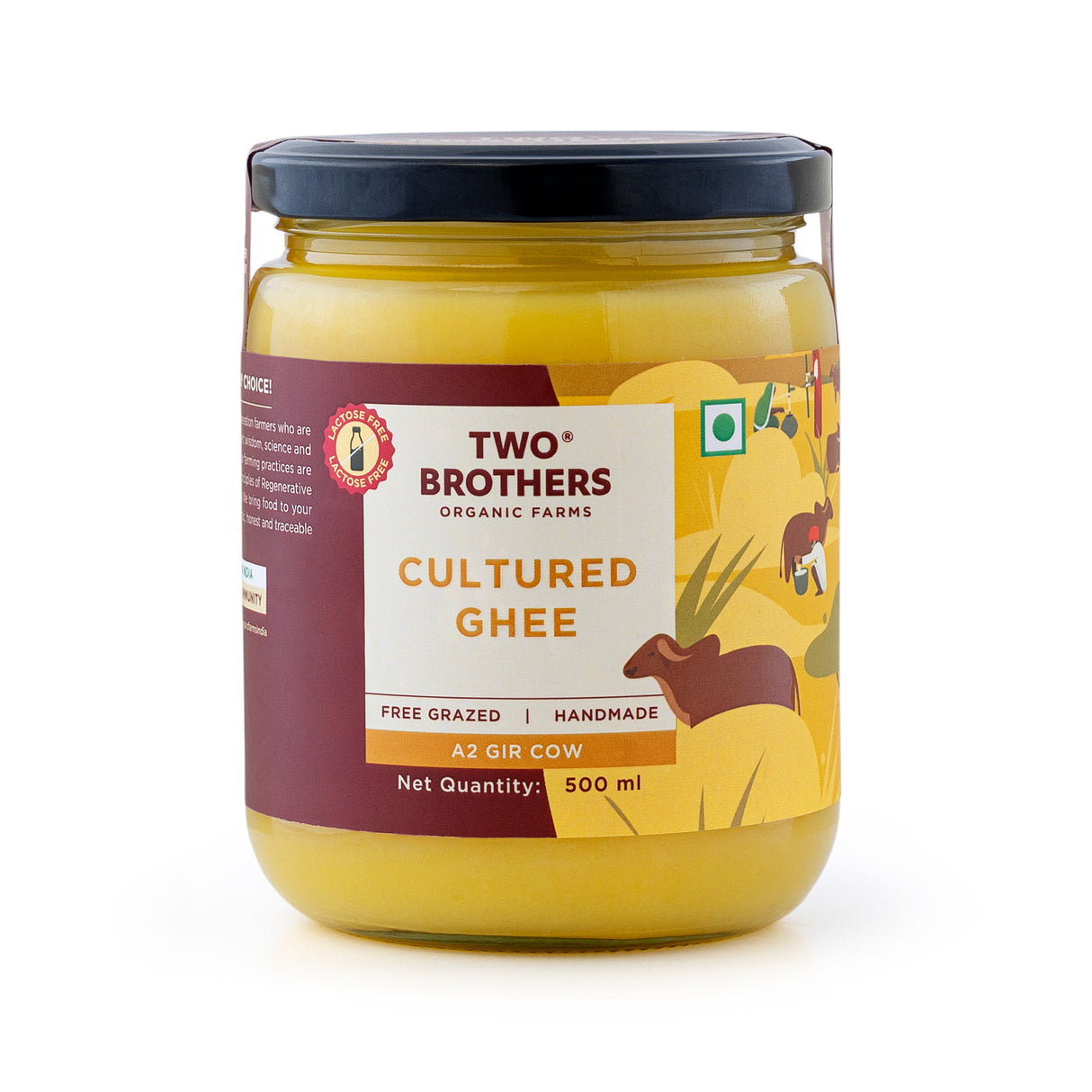 Two Brothers Organic Farms A2 Ghee, 500ml (Free-grazed, Grass-fed Desi Gir Cows, Traditional Bilona Method, Pure, Natural and Healthy Ghee, Farm-Made A2 Cow Ghee with Probiotics for Gut Health)