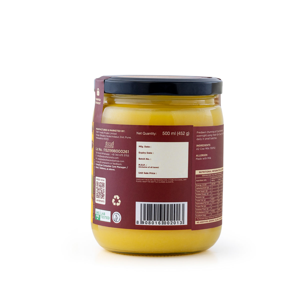 Two Brothers Organic Farms A2 Ghee, 500ml (Free-grazed, Grass-fed Desi Gir Cows, Traditional Bilona Method, Pure, Natural and Healthy Ghee, Farm-Made A2 Cow Ghee with Probiotics for Gut Health)