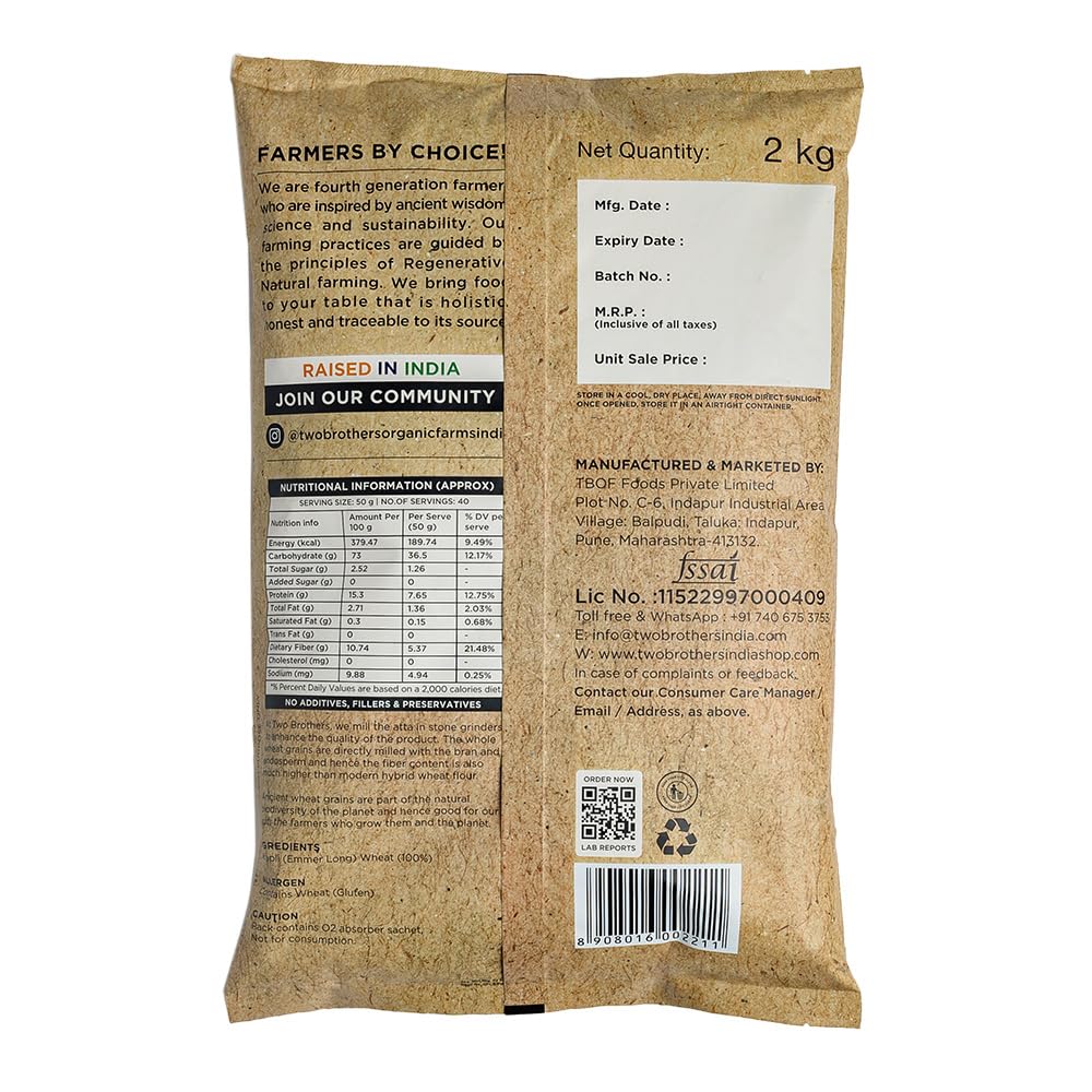Two Brothers Organic Farms Khapli Wheat Flour,2kg (High Dietary Fiber for Easy Digestion, Stoneground Emmer Wheat Flour, Khapli Atta)