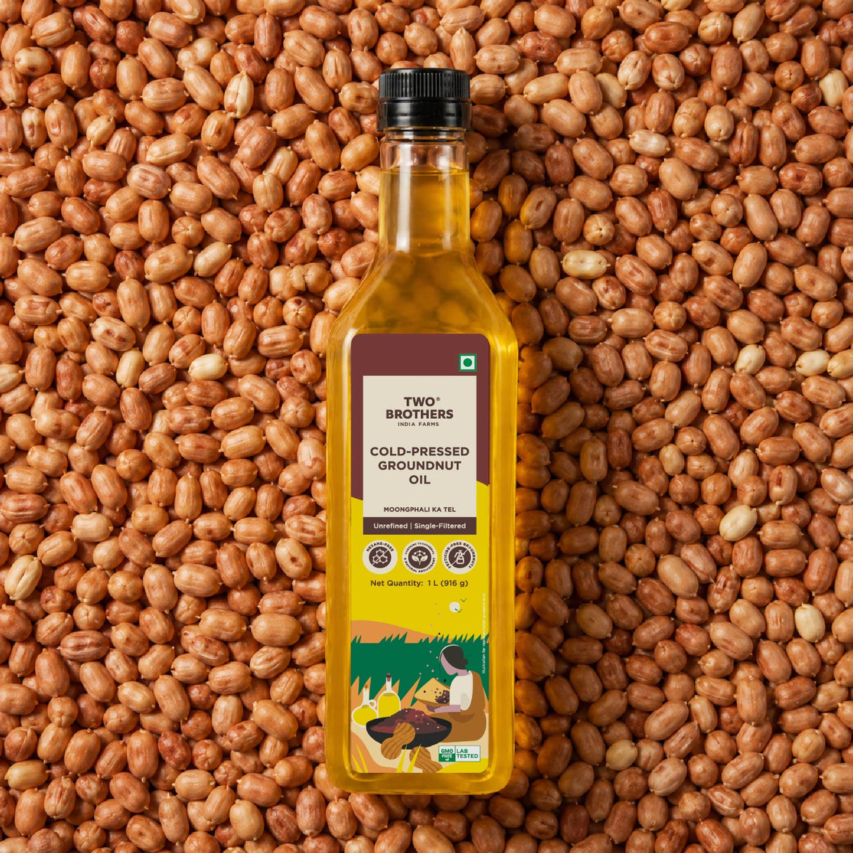 Groundnut Oil, 1L (Cold Pressed Kacchi Ghani, Unrefined, Single-Filtered, Natural Shengdana Oil for Cooking & Frying, Rich Nutty Aroma, Mungfali Tel)