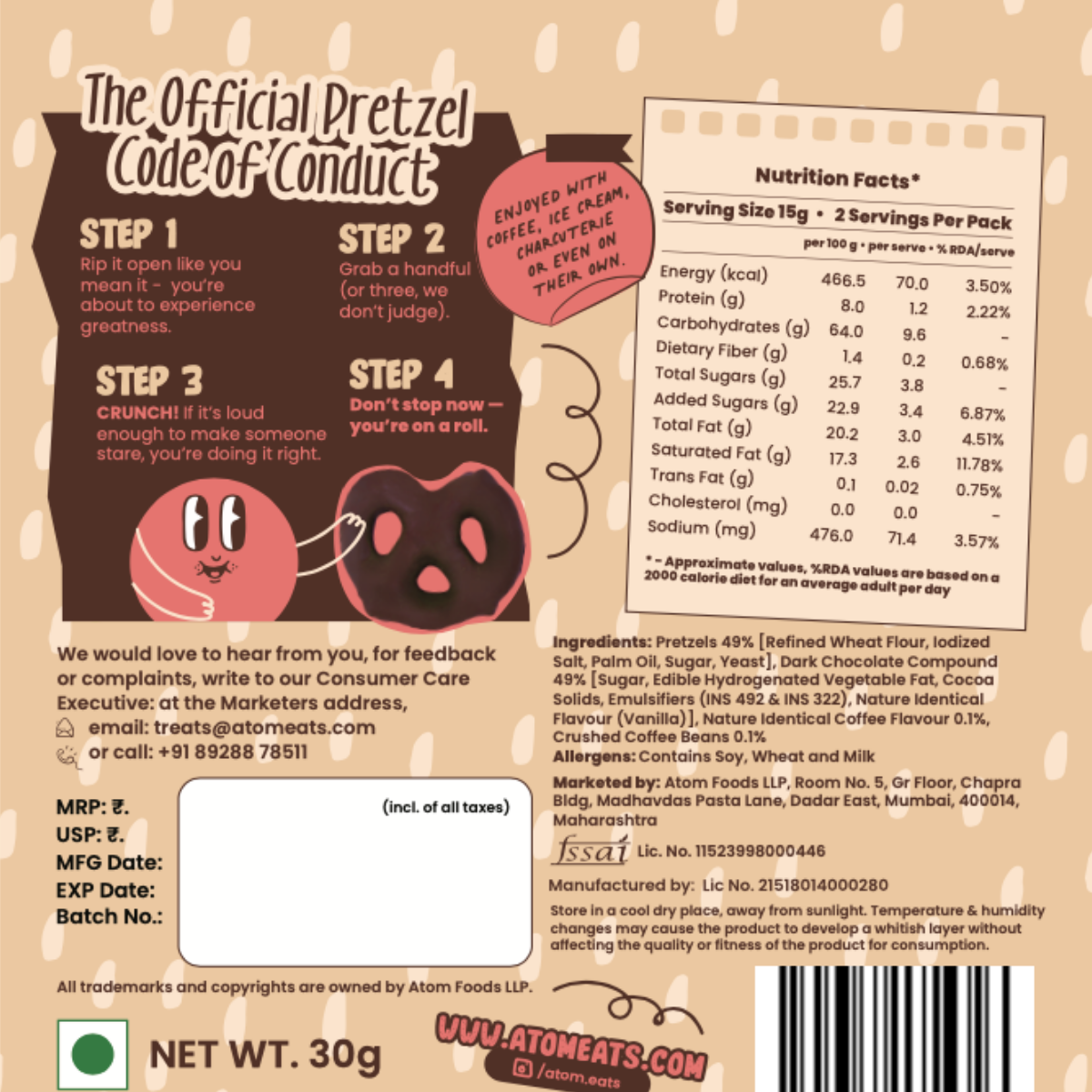 Atom Eats Dark Chocolate Dipped Pretzels, 30g