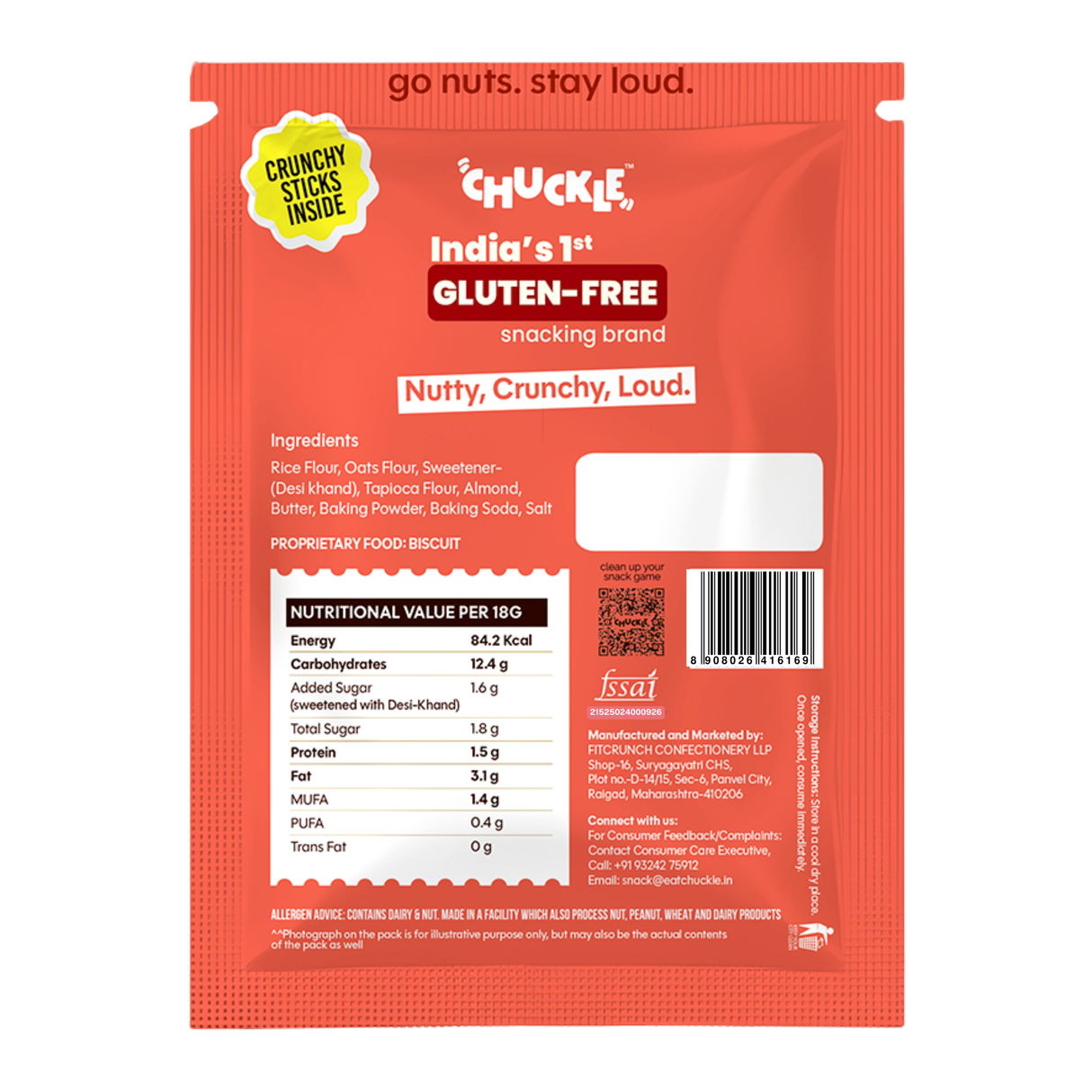 Chuckle Almond Biscotti,50g (Real Almond, Gluten-Free, No Palm Oil) - back packaging