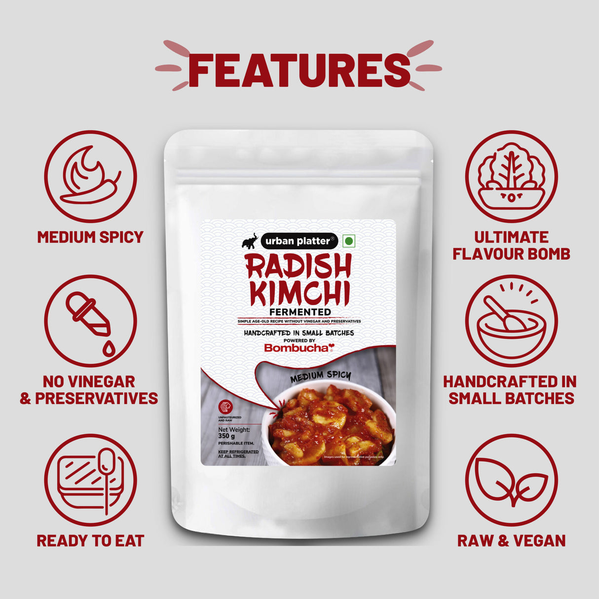 Urban Platter Korean Style Radish Kimchi, 350g [Raw, Organic - Powered by Bombucha]