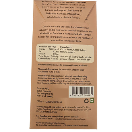 70% Dark Chocolate Bar with Jaggery,50g (Bitter-Sweet, No Refined Sugar, Craft Chocolate)
