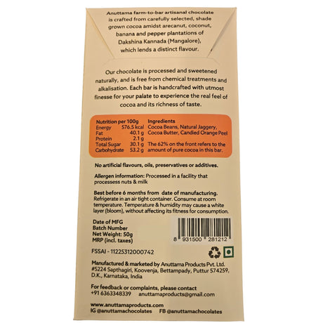62% Candied Orange Dark Chocolate,50g (Cocoa with Citrus Peel & Jaggery)