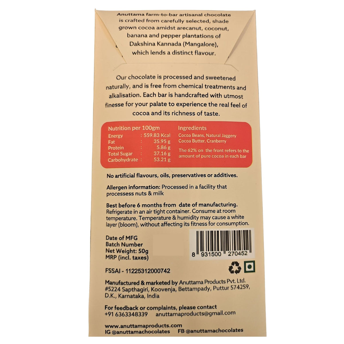 62% Cocoa Cranberry Dark Chocolate,50g (Sweet, Tart & Perfectly Balanced, Sweetened with Jaggery)