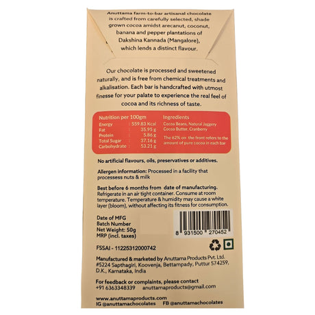 62% Cocoa Cranberry Dark Chocolate,50g (Sweet, Tart & Perfectly Balanced, Sweetened with Jaggery)