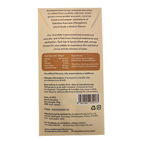 62% Cocoa | Roasted Almond | Sweetened With Jaggery – 50g