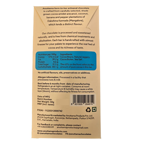 62% Cocoa | Sea Salt | Sweetened with Jaggery – 50g