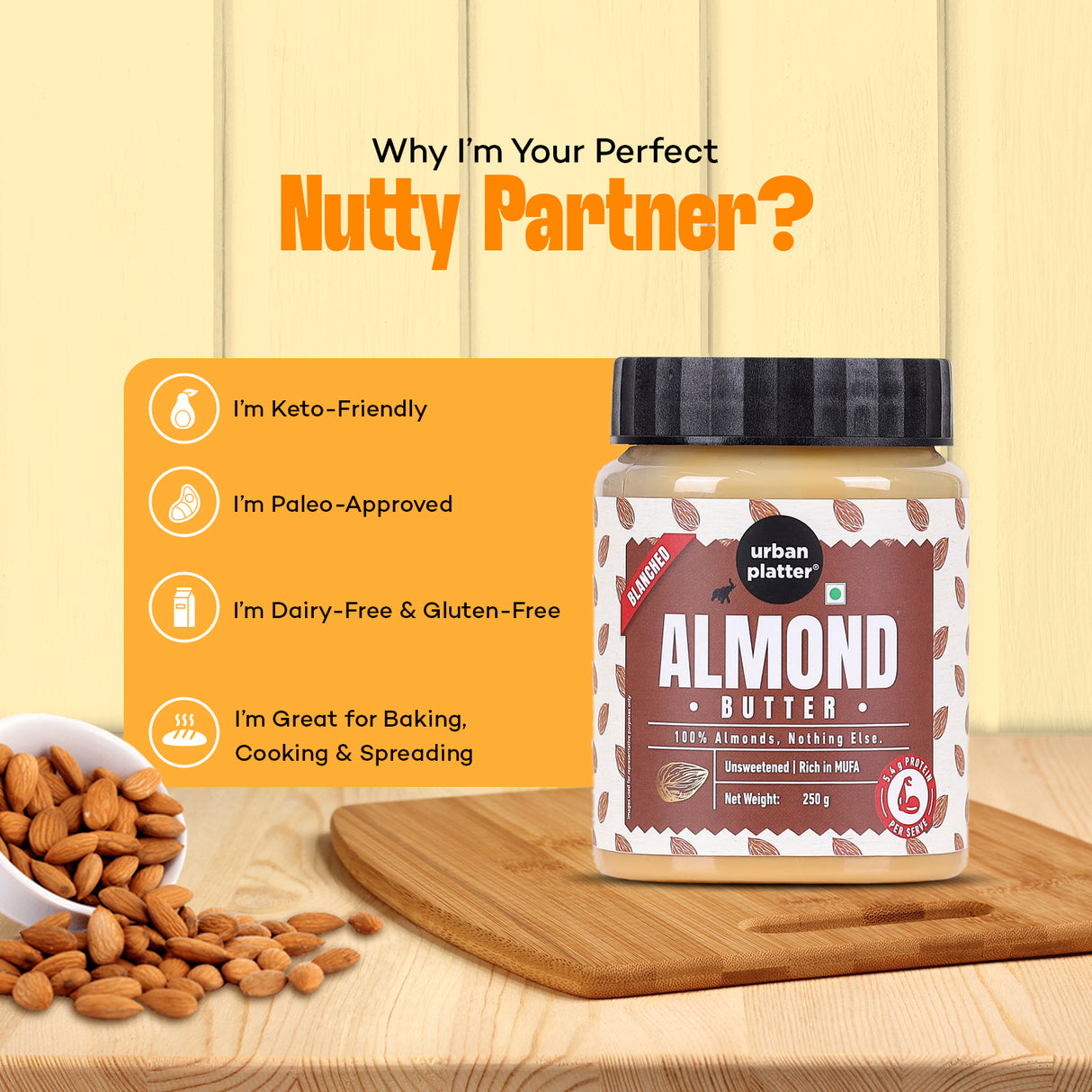 Urban Platter Almond Butter (Without Skin) (Nutty Flavour | Single Ingredient | Keto-Friendly | Blanched Paste)