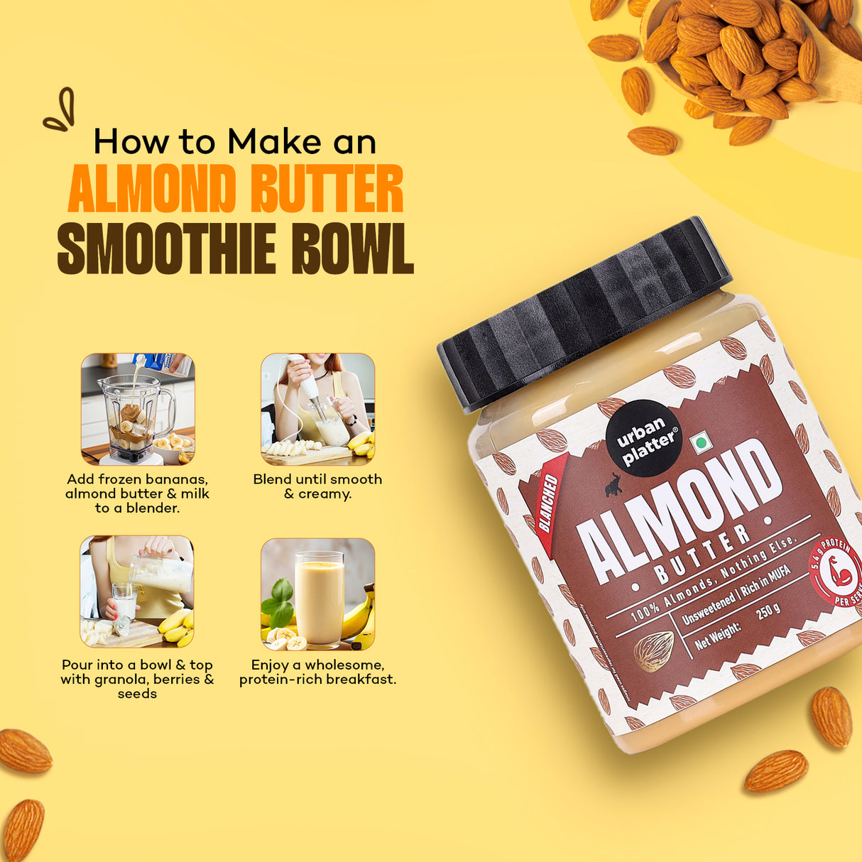 Urban Platter Almond Butter (Without Skin) (Nutty Flavour | Single Ingredient | Keto-Friendly | Blanched Paste)
