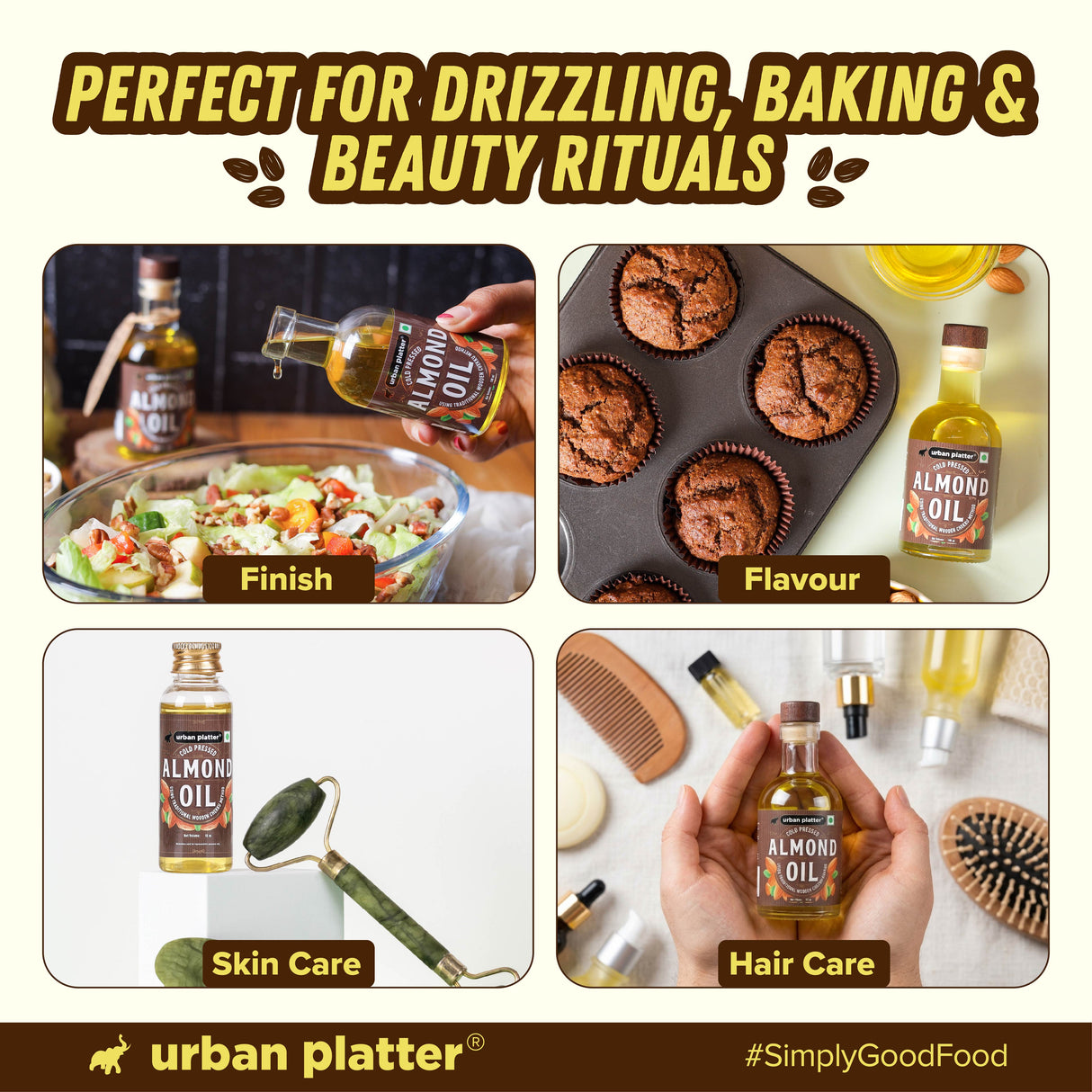 Urban Platter Cold Pressed Almond Oil, 100ml (Light Nutty Finishing Oil for Salads, Drizzling, Gourmet Baking & Natural Hair/Skin Nourishment, Supports Skin Elasticity)
