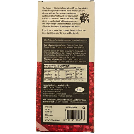 The Cranberry Chilli Chase,55g (64% Dark Chocolate with Cranberry & Chilli, Sweet Spicy Craft Chocolate, Gourmet Chocolate Bar)