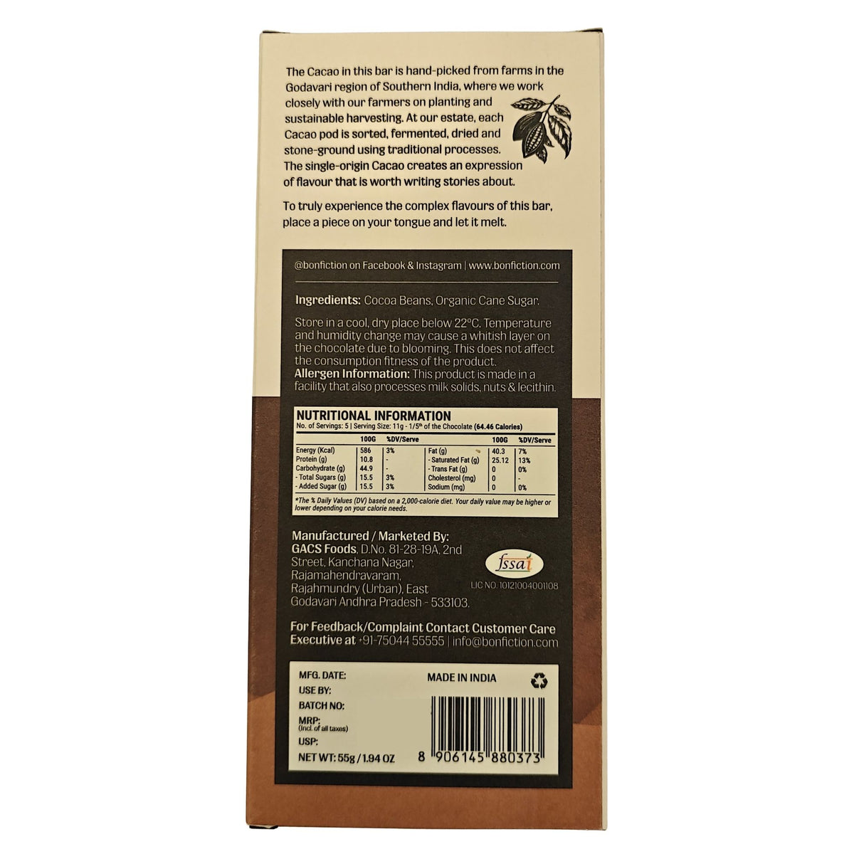 A Song of Bitter and Sweet,55g (82% Dark Chocolate, Balanced Bitter-Sweet Craft Chocolate, Gourmet High Cocoa Chocolate, Vegan)