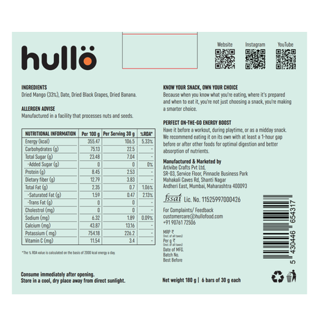 HULLO The Only Fruit Bar - Mango, 180g (6x30g)