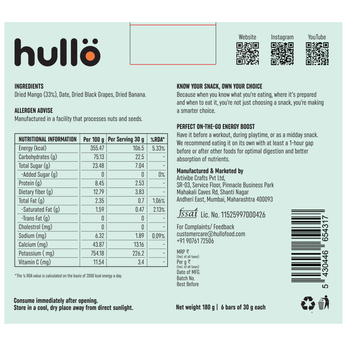 HULLO The Only Fruit Bar - Mango, 180g (6x30g) - back packaging