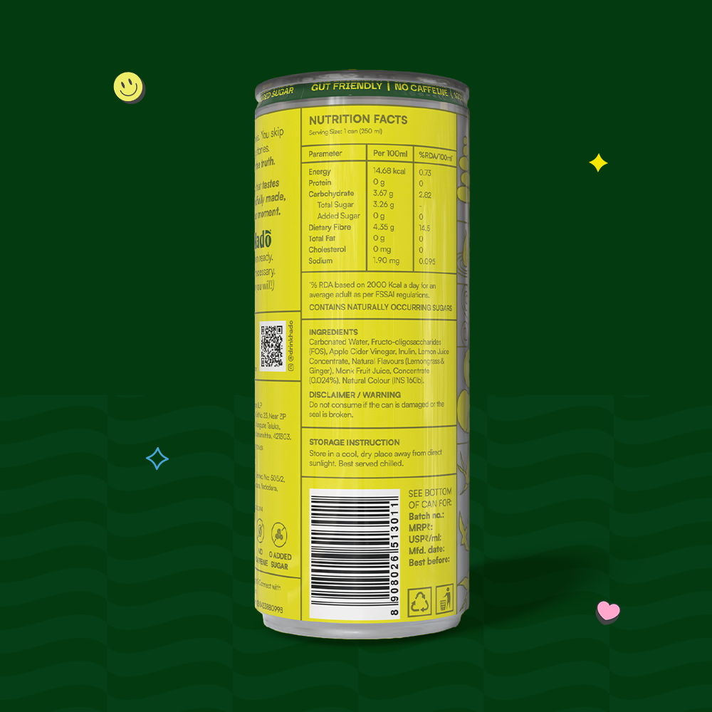 Lemongrass Ginger Crafted Soda, 250ml x 4 (10g Fibre, Zero Added Sugar)
