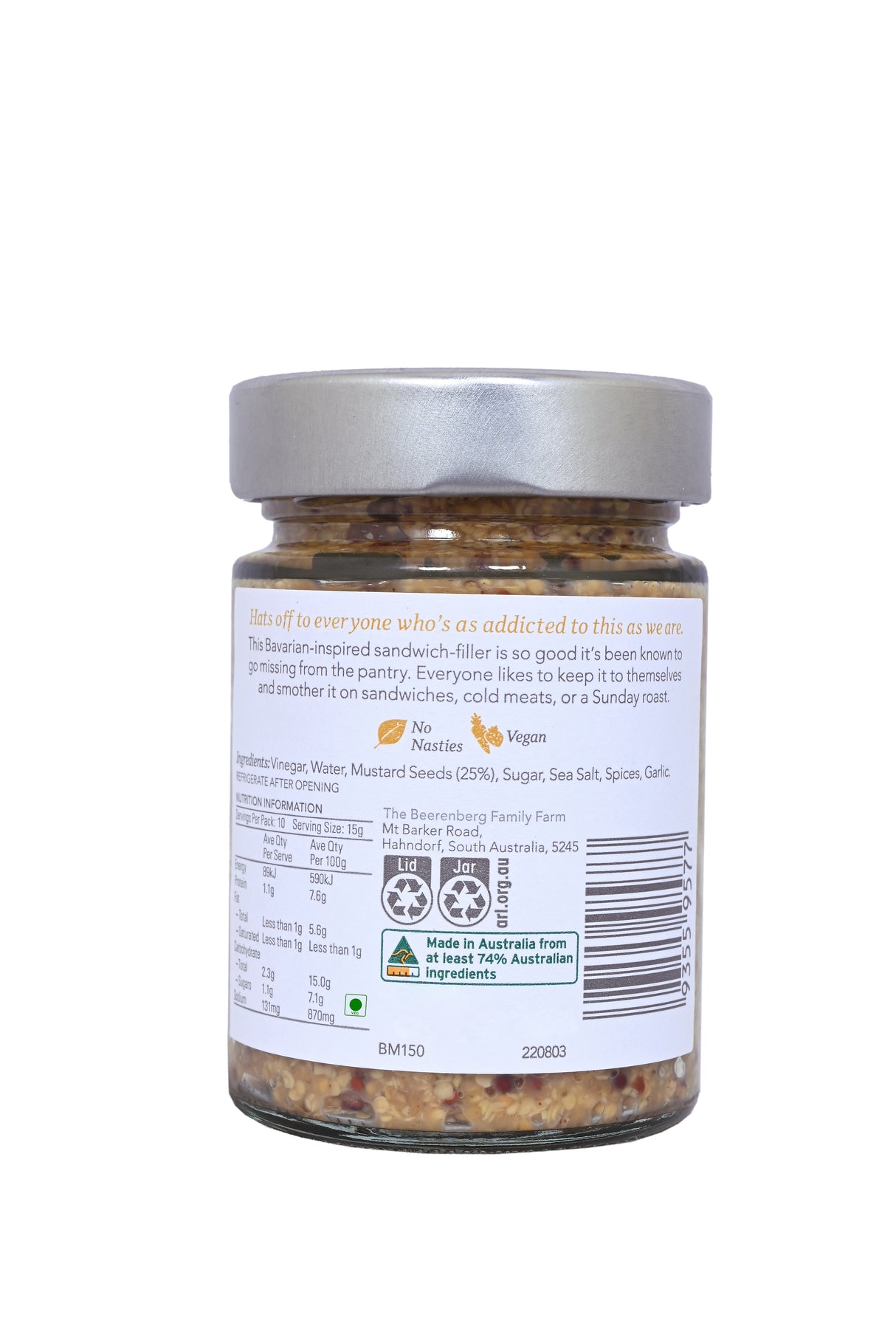 Beerenberg Bavarian Mustard, 150g (Mildly Spiced Seeded Mustard, Gourmet Condiment)