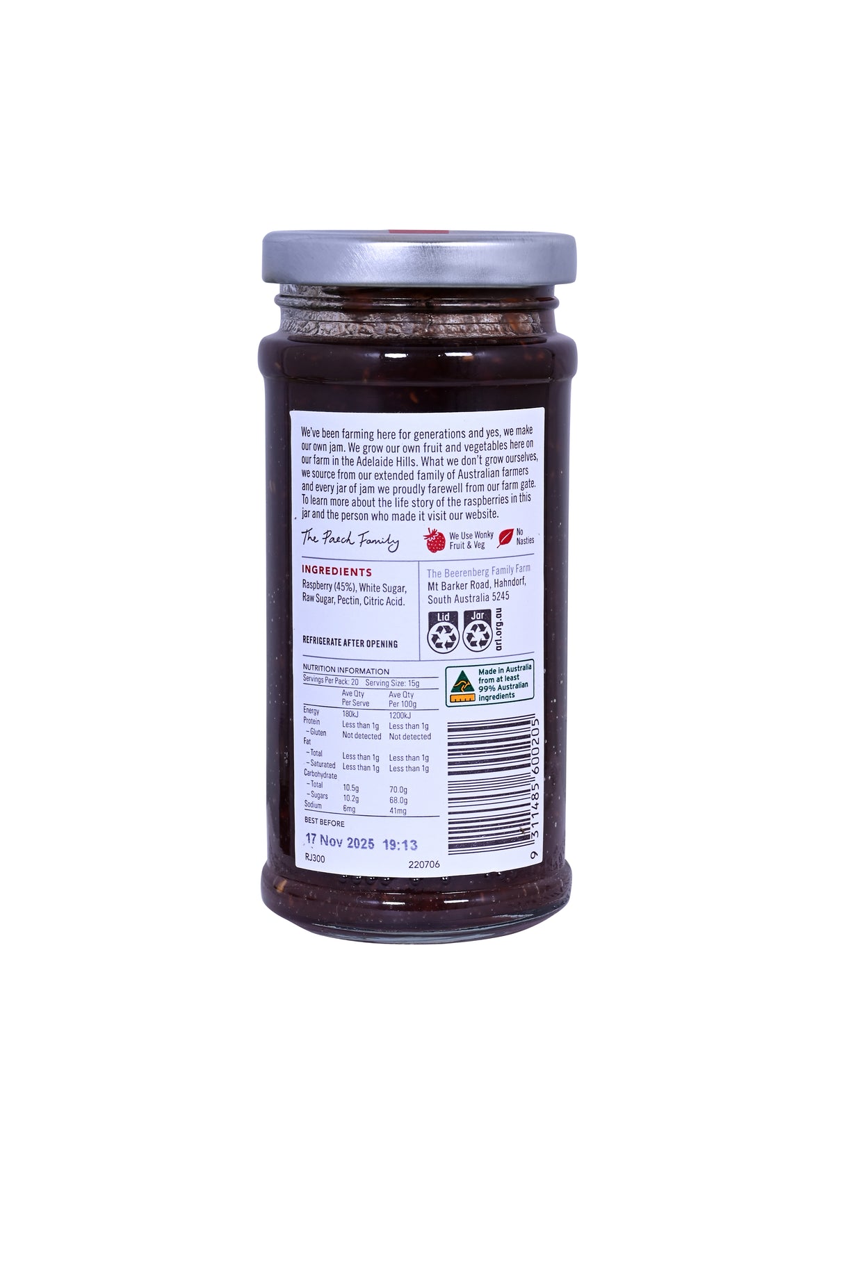 Beerenberg Raspberry Jam, 300g (Australian Raspberry Fruit Spread, Traditional Home-Style Preserve)