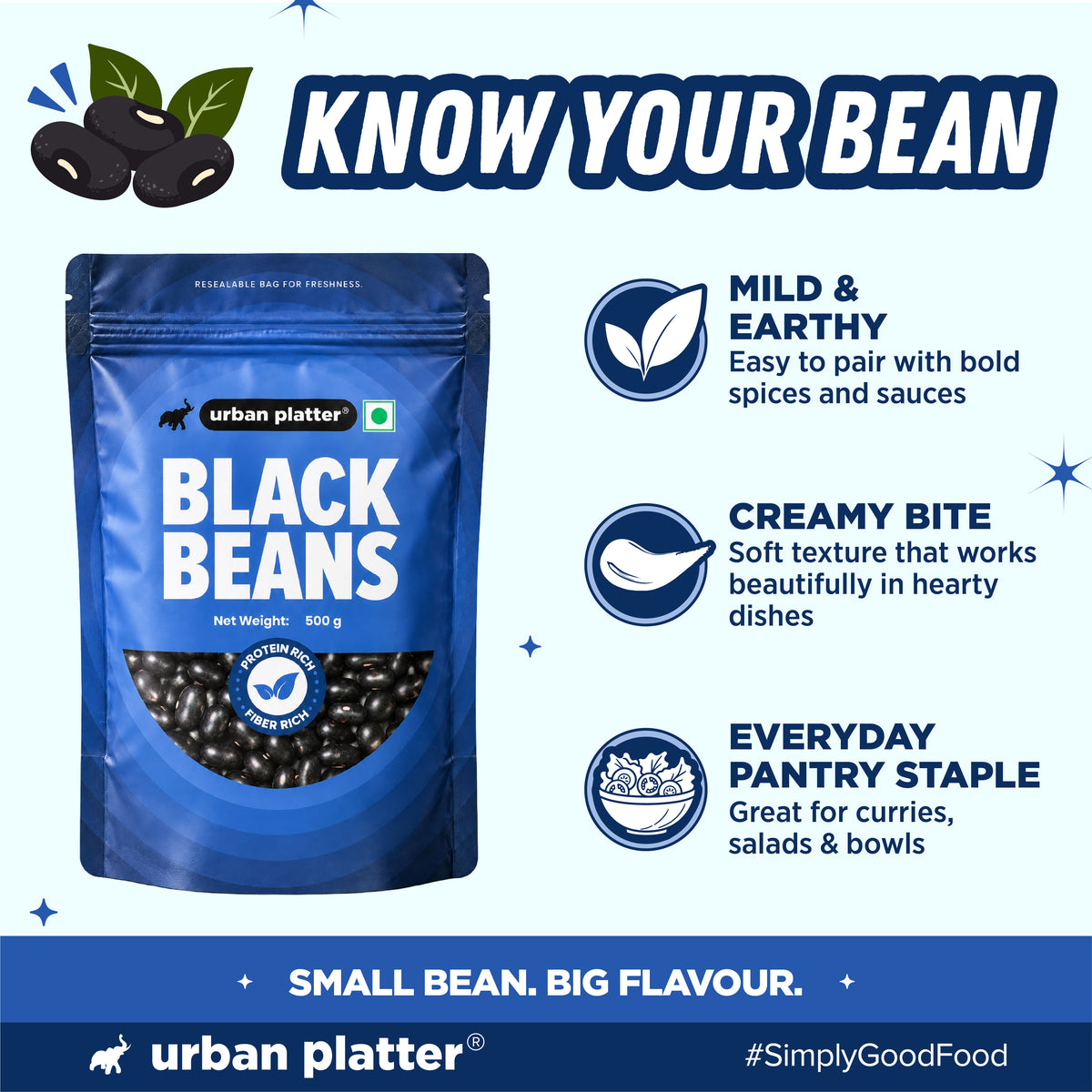 Black Beans, 500g (Black Rajma | 22g Protein | 16g Fiber | Nourishing whole beans for Gravies, Curries, Bowls, & Salads)