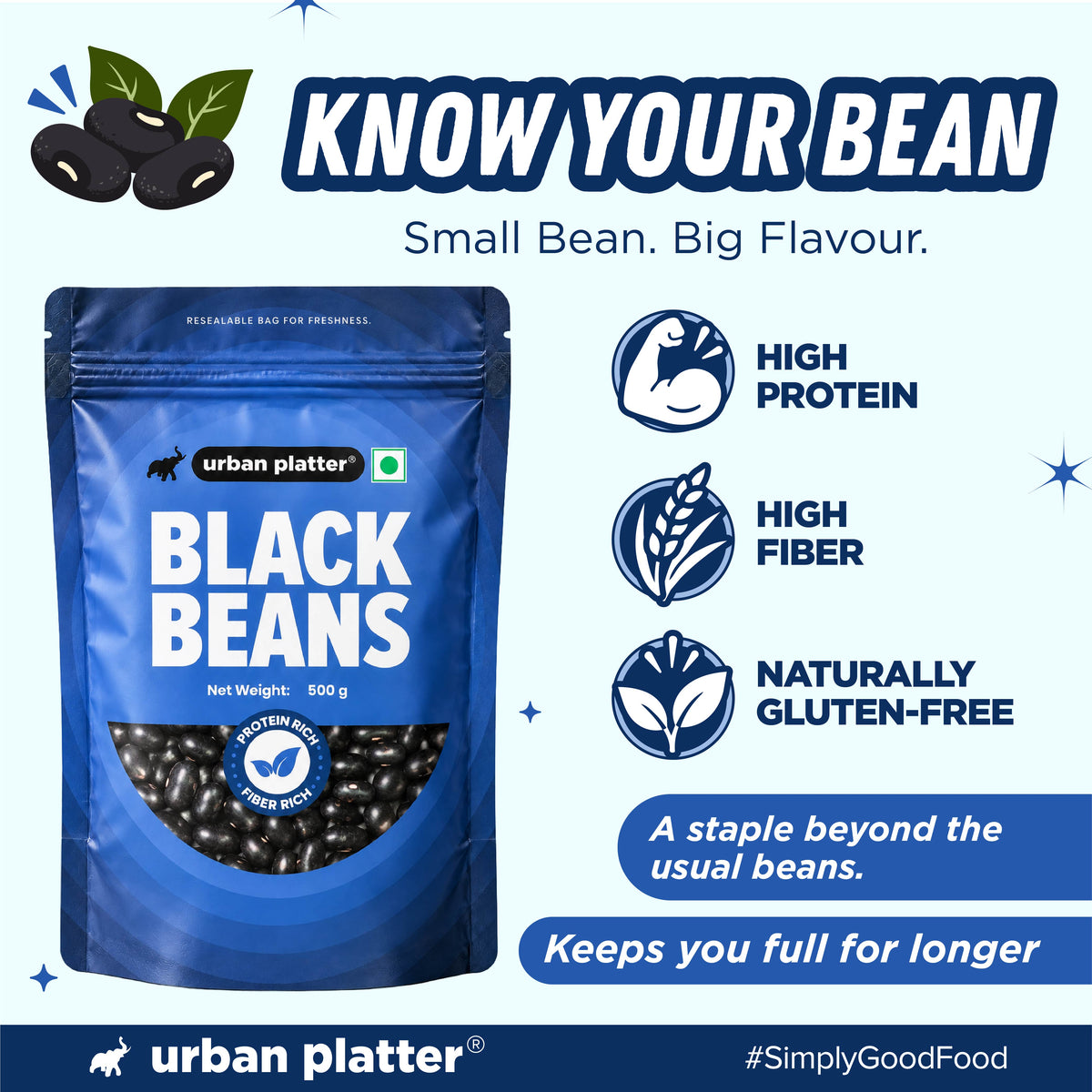 Black Beans, 500g (Black Rajma | 22g Protein | 16g Fiber | Nourishing whole beans for Gravies, Curries, Bowls, & Salads)