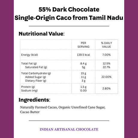 55% Dark Chocolate - Classic Tamil Nadu, 50g (Single-Origin Bean-to-Bar Chocolate | Made with Ethically Sourced Indian Cacao)