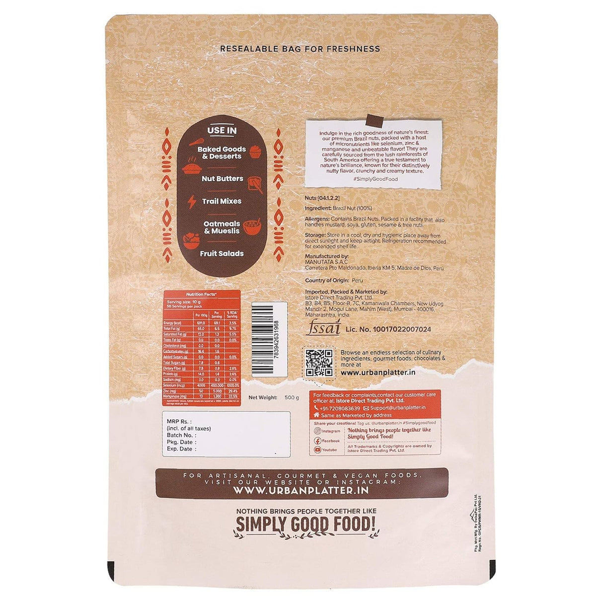 Urban Platter Brazil Nuts, 500g (Rich in Selenium | Superfood | Have 1 Daily | Product of Peru)